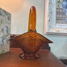 Indiana Amber IRIDESCENT Glass Handmade Basket Signed 