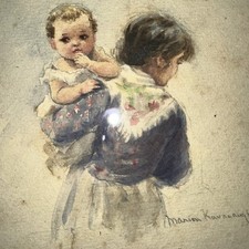 Marion Kavanaugh Signed Watercolor Mother Child Antique Oval Framed Painting picture