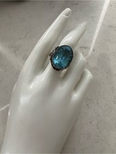 Sterling Silver Ring with Large Blue Gemstone and Flower Accents - Size 8.25 picture