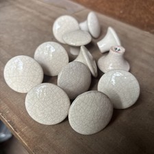 12 vintage Porcelain Drawer Pull Cabinet Knobs Round Beige Crack No Screws picture