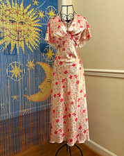 Y2k bebe Pink/White Floral Satin Midi Dress V-Neck Flutter Ruffle - L picture