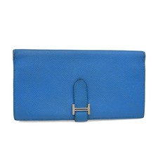 HERMES Logo Bearn Long Bifold Wallet Purse Epson Leather Blue SHW 65RQ023 picture