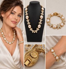 Vintage Nolan Miller Faux Pearl & Crystal Necklace Bracelet Set Gold Tone Signed picture