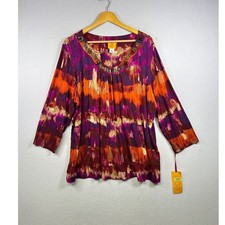 Ruby Rd Woman Blouse Womens 1X Purple Orange Embellished Neck 3/4 Sleeve Top NEW picture