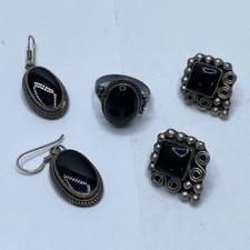 Vintage JTV 925 Sterling Silver Black Onyx Set Mexico Ring Sz 4 Earrings 20g picture