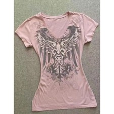 Womens Y2K Angel Wings Graphic Baby Tee Pink V Neck Fitted Grunge Top S-XL picture