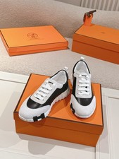 Hermes Trail Casua Men's Fashion Shoes Black White Leather Trainers picture