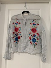 Zara Trafaluc Women’s S Light Blue Floral Embroidered Button Front Boho Blouse picture