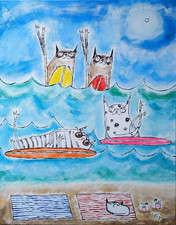Siamese Cat Painting Original Surfer Beach Abstract Folk Art By Samantha McLean picture