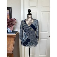 Vintage Y2K Blue Patchwork V-Neck Blouse picture