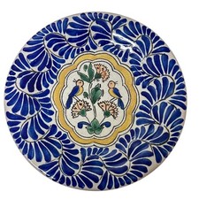 Uriarte Talavera Mexico Hand Painted Bird Floral Pottery Plate 7.25 Inch Blue picture