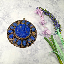 Rare Vtg Hand Carved Lapis Lazuli Ganesha Carving Necklace Pendant Metal Stamp picture