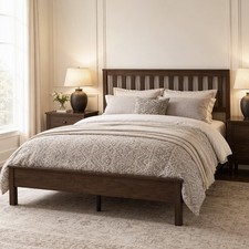 HOMCOM Queen Size Wood Platform Bed Frame, Mid-Century Bed Frame, Walnut picture