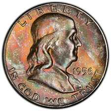 1956-P PCGS MS65+ (Plus) Franklin Half Dollar w/ Monster Rainbow Toning AMAZING picture