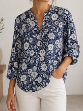 Talbots 100% Linen Floral Split V-Neck Pullover Woven Shirt Boho Navy Medium picture