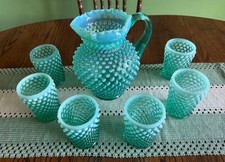 Fenton Aqua Opalescent Hobnail Pitcher & 6 Tumbler Set - Excellent Condition picture