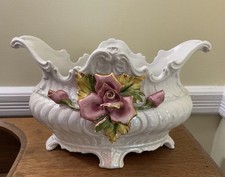 Vintage Capodimonte Italian Ceramic Ornate Centerpiece Footed Bowl 3D Pink Roses picture