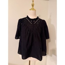 NWT LOFT Black Eyelet Embroidered Ruffle Neck Puff Sleeve Blouse Top M picture