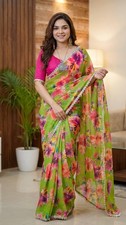 Handcrafted Soft Georgette Digital Print Saree Golden Diamond Work Indian Sari picture