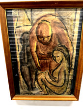 ORIGINAL ART EXPRESSIONISM CUBISM  DIFFERING COLORS LOVING FAMILY FRMD IN GLASS picture