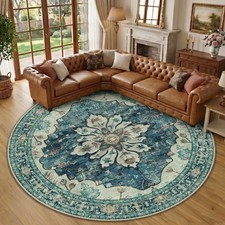 RELEANY Washable Area Rug, Round 10ft, 10' (Round), Blue/Vintage Dark Blue picture