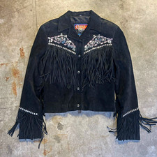 VTG Cripple Creek Black Suede Fringe Western Jacket with Rhinestone Studs WM S picture