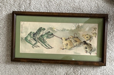 Antique c.1910 Hand Painted Watercolor Painting Frog Frogs and Chicks Tug-of-War picture