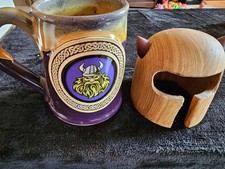 MN Vikings Ceramic Mug, & A Wooden Viking Helmet that was handmade from MN... picture