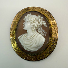Antique Carved Shell Cameo Brooch Engraved Floral Gold Tone Frame 1.75” picture