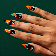 48P-Long Almond Halloween Orange Black Monster Eyes Hand Painted Press on Nails picture
