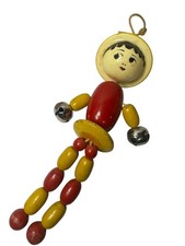 Vintage Wooden Bead Doll Crib Toy Rattle Hand Painted Wood Jingle Bell 1940s picture