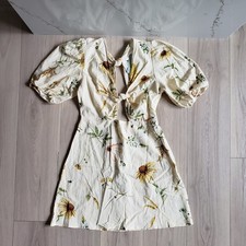 H&M Dress Womens M Yellow Linen Floral Cutout Mini Cottagecore Boho picture