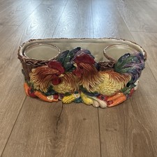 RARE Vintage Fitz and Floyd Coq Du Village Rooster 2 Herb Pots and Tray Planter picture