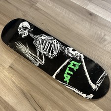ATM Click Skateboard Deck Nevermind Praying Skeleton Graphic Black Purple picture