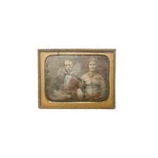 Antique 1850s Cased Daguerreotype Portrait Man & Woman Couple Brass Mat Photo picture