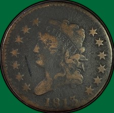 1813 Classic Head Large Cent Fine F Coin, Corrosion #49392 picture