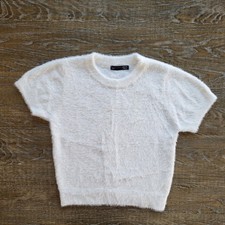 Dazy White Eyelash Knit Short Sleeve Fuzzy Sweater Size L Crew Neck picture