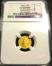 1855 $1 Dollar Indian Princess Head Gold Coin Type 2, XF Details. Insurance ship picture