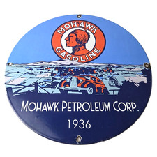 Vintage Mohawk Gasoline Sign - Porcelain American Indian Gas Motor Oil Pump Sign picture
