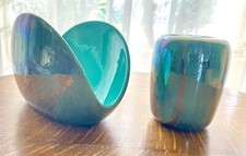 1990s VTG MCM Nielsen Iridescent Teal Drip Glaze Art Pottery Bath Accessories picture
