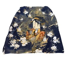 Vintage 90s Japanese Geisha Floral Pencil Skirt Ukiyo-e Art Print Navy XS picture