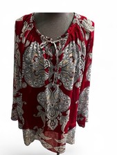 Chico's Women's V-Neck Long Sleeve 3 (L-XL) Sheer Paisley Red Light Weight picture