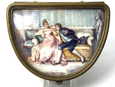 Antique French Gilt Metal Trinket Box Hand Painted Lovers Scene Signed Doisteau picture