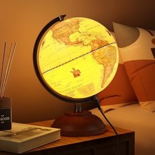 8 Inch Illuminated World Globe with Wooden Stand, Yellow, Metal Decor picture