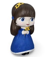 Vintage Big Eye Girl Figurine Blue Dress Flowers Japan Kitsch Mid Century picture