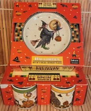 1998 Debbie Mumm Sakura Oneida Halloween 4 Dessert Plates & 4 Mugs NIB picture
