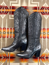 Frye Women’s Faye Studded Western Knee High Leather Boots Black /Silver 7.5 M🔥 picture