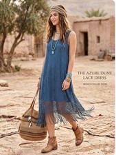 One World Live and Let Live Sz S Blue Bohemian Crochet Lace Fringe Dress Party picture