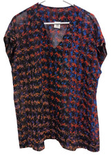 CAbi Womens The Bonus Print Blouse Top Large Red Blue Chiffon Short Sleeve #3428 picture