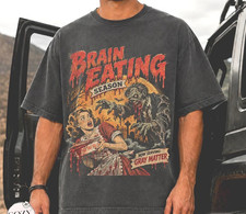 Brain Eating Season Zombie Graphic T-Shirt, Vintage 80s/90s Horror Monster Movie picture